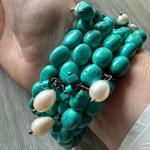 Turquoise and Pearl Beaded Wire Wrap Bracelet